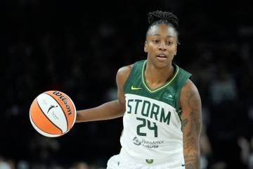 Seattle Storm guard Jewell Loyd (24) plays against the Las Vegas Aces in Game 2 of a WNBA baske ...