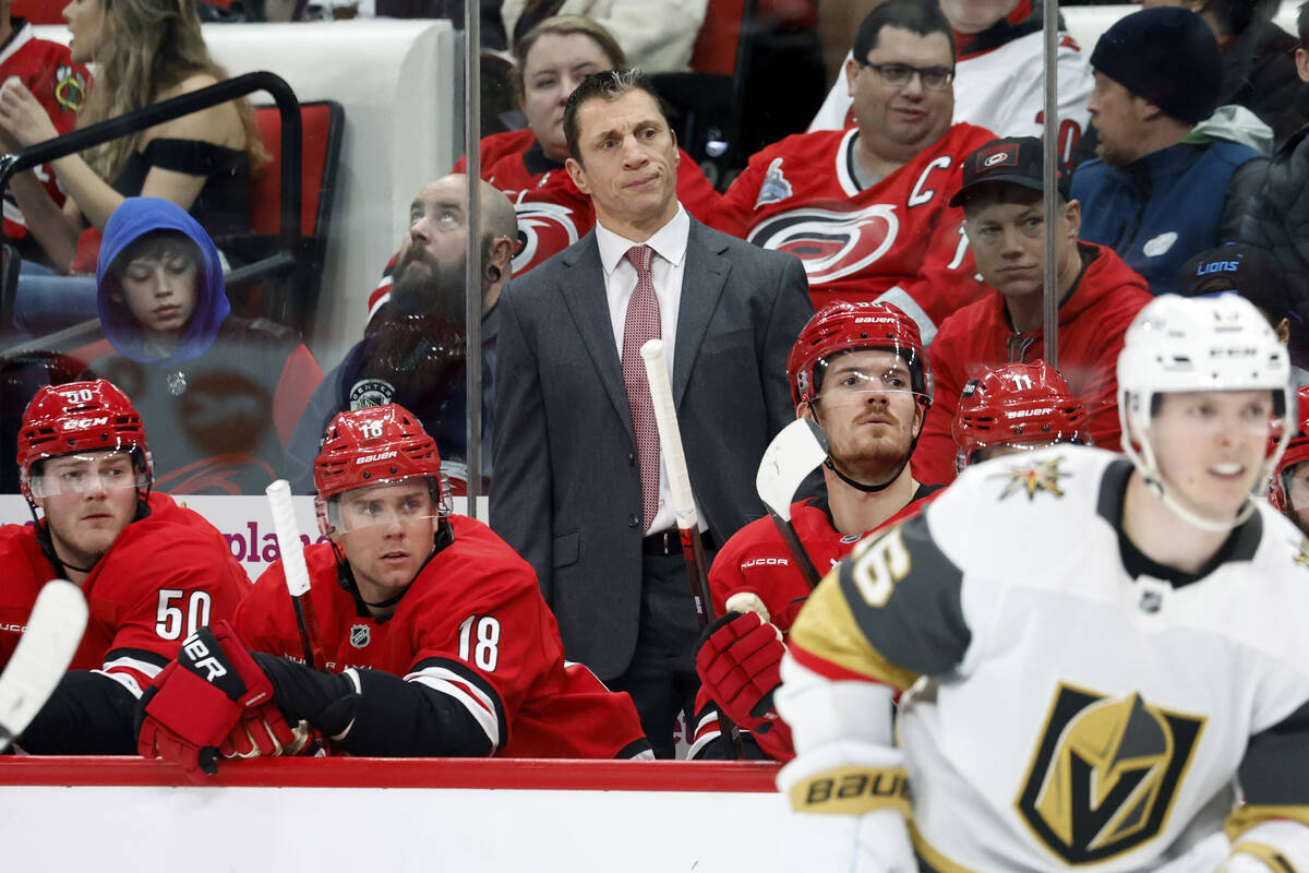 Carolina Hurricanes head coach Rod Brind'Amour, top center, reacts during a power play during t ...