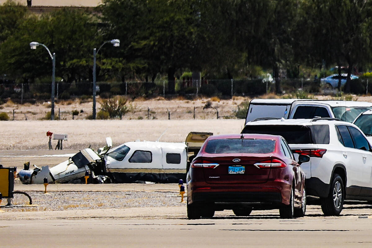 The scene of a plane crash at North Las Vegas Airport in North Las Vegas, Sunday, July 17, 2022 ...