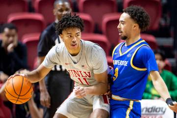 UNLV guard Dedan Thomas Jr. (11) looks to pass UC Riverside Highlanders guard Isaiah Moses (3) ...