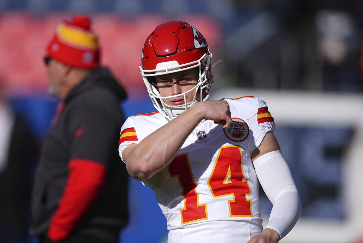 Kansas City Chiefs punter Matt Araiza (14) before an NFL football game Sunday, Jan. 5, 2025, in ...