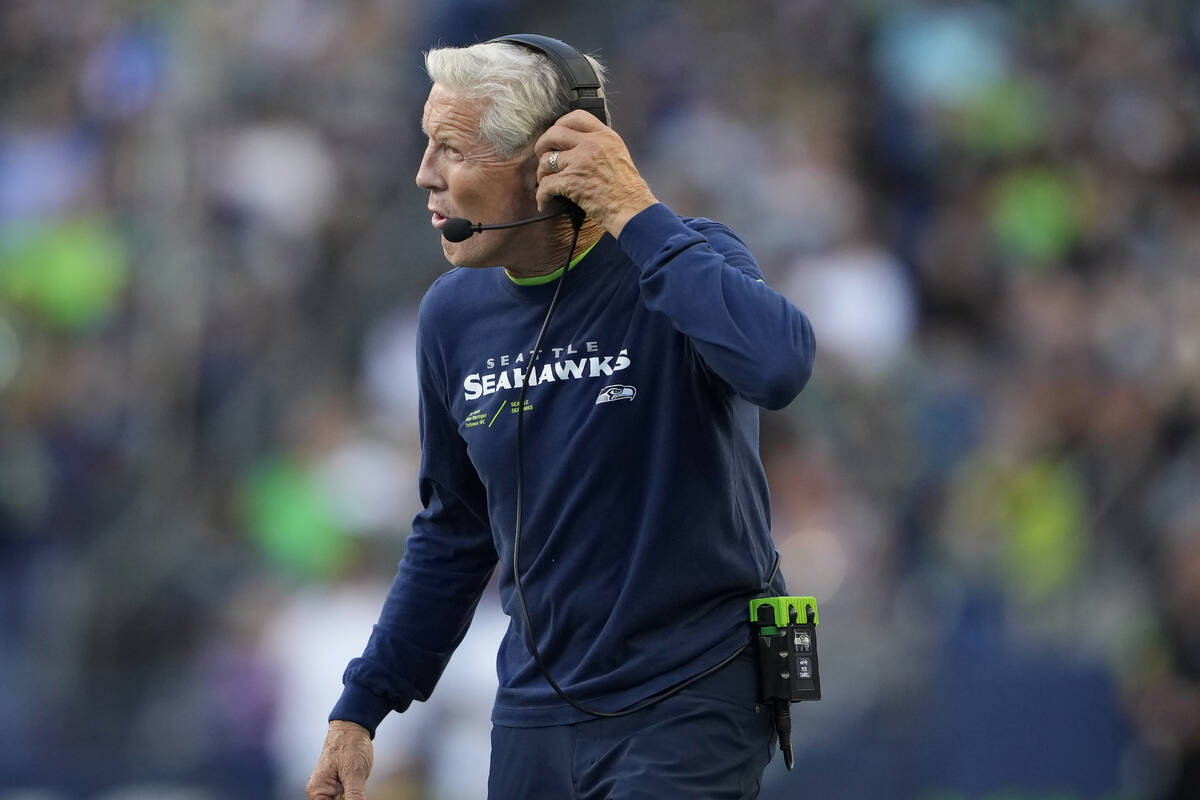 Seattle Seahawks head coach Pete Carroll reacts on the sideline during the first half of his te ...