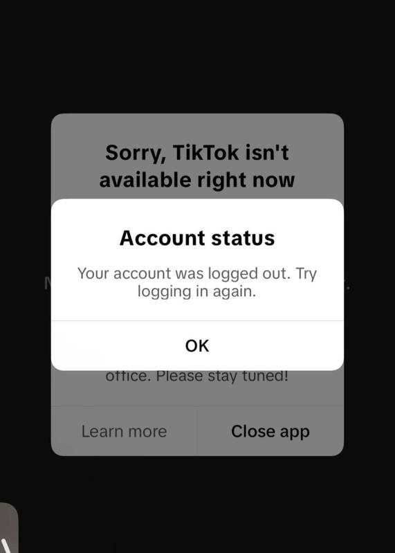 A message on an iPhone stating the TikTok account was logged out on January 18, 2025. (Arlette ...