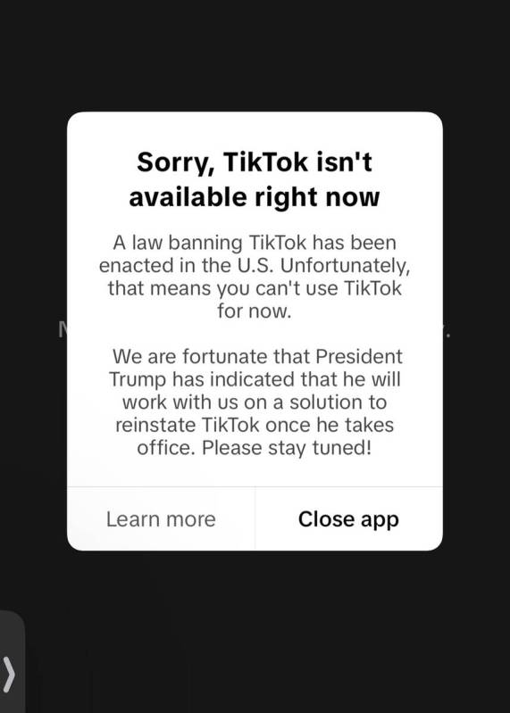 A message on an iPhone stating the TikTok app is no longer available on January 18, 2025. (Arle ...