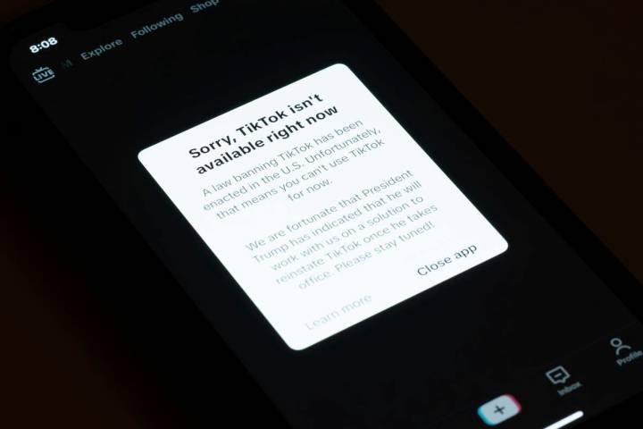 A message reading "Sorry, TikTok isn't available right now" is displayed from the Tik ...