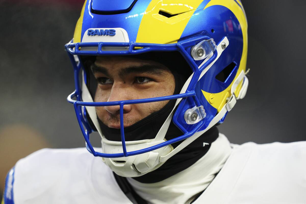 Los Angeles Rams wide receiver Puka Nacua (17) attends warm ups before an NFL football NFC divi ...