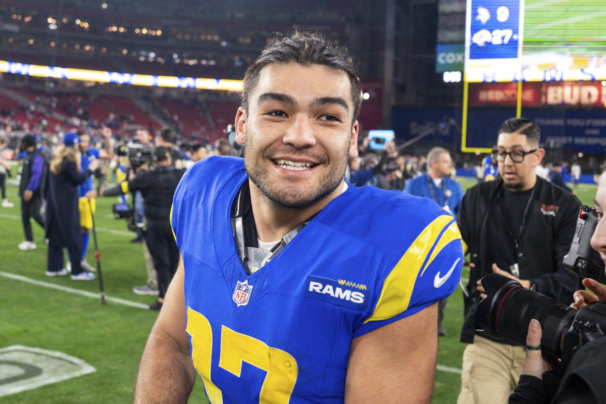 Los Angeles Rams wide receiver Puka Nacua (17) smiles after winning an NFL football game agains ...