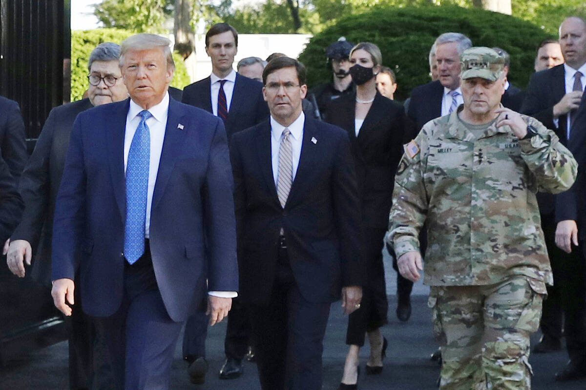 FILE - In this June 1, 2020 file photo, President Donald Trump departs the White House to visit ...