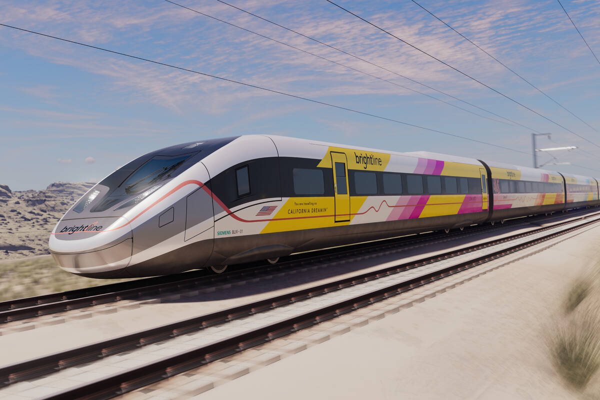 A rendering of a Siemens Mobility American Pioneer 220 train, which Brightline West plans to us ...