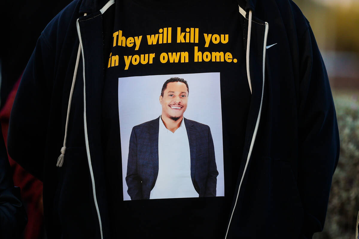 A shirt made for Brandon Durham, who was shot and killed in his home by a Las Vegas police offi ...