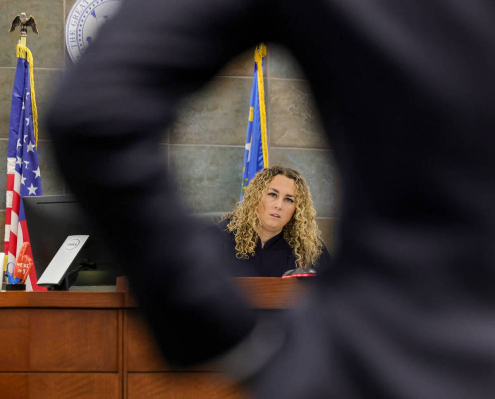 District Judge Carli Kierny listens to arguments by attorney Carl E.G. Arnold in Clark County D ...