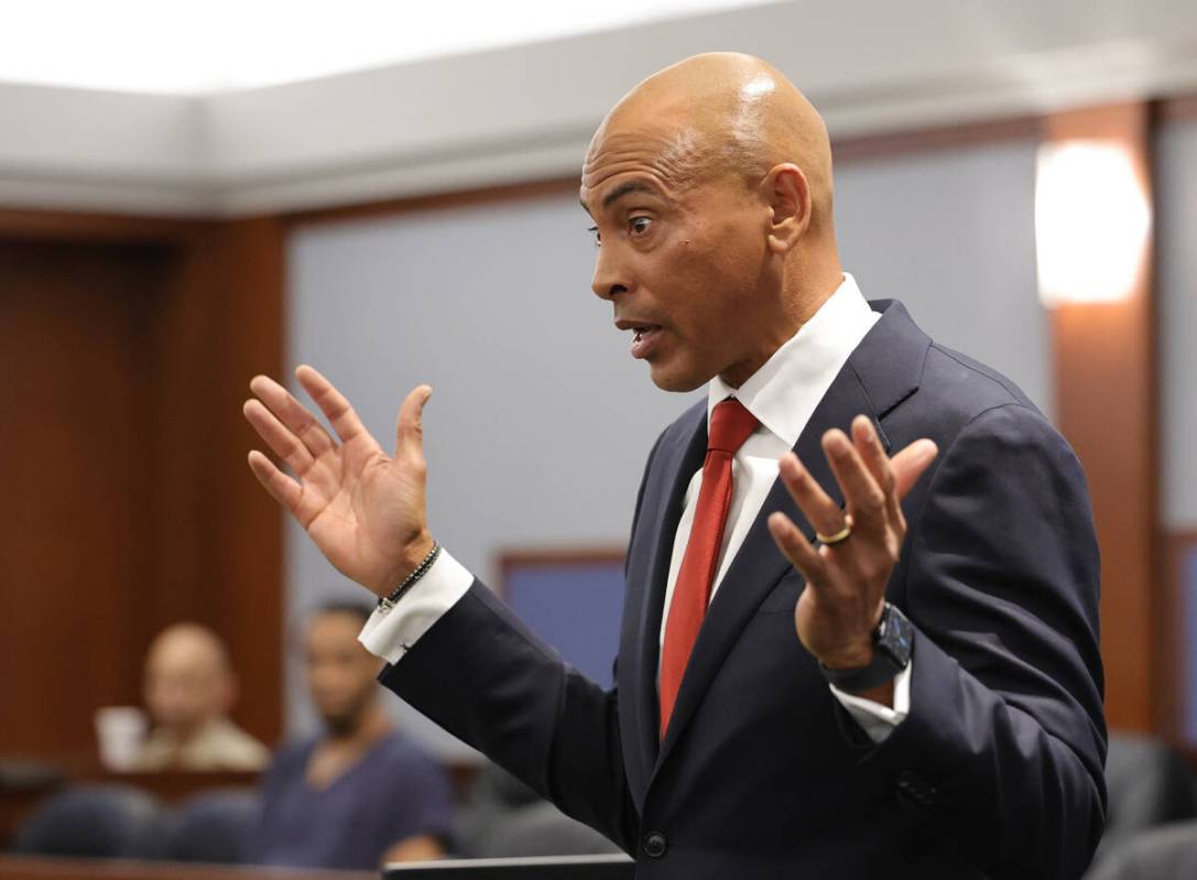 Duane Davis' attorney Carl E.G. Arnold speaks in Clark County District Court for a hearing on a ...