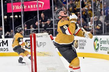 Vegas Golden Knights center Jack Eichel (9) reacts after missing a shot against the St. Louis B ...