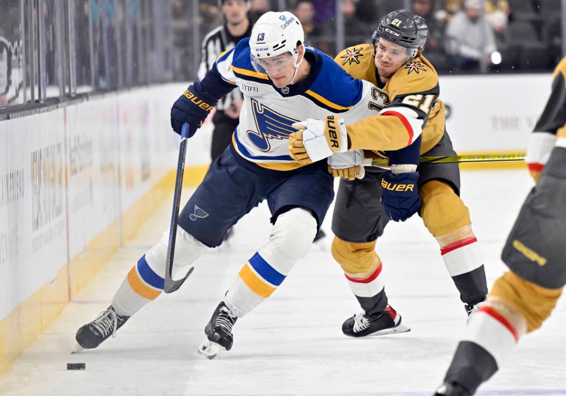 St. Louis Blues right wing Alexey Toropchenko (13) and Vegas Golden Knights center Brett Howden ...