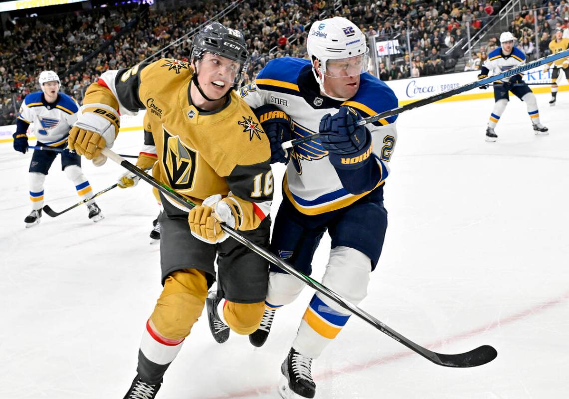 Vegas Golden Knights left wing Pavel Dorofeyev (16) and St. Louis Blues defenseman Ryan Suter ( ...