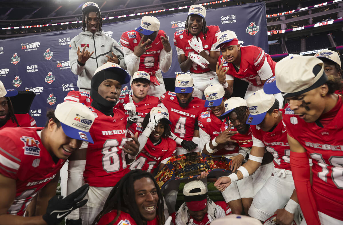 UNLV players celebrate after defeating Cal in the LA Bowl NCAA college football game at SoFi St ...