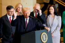 President Donald Trump speaks from Emancipation Hall as House Speaker Mike Johnson, from left, ...