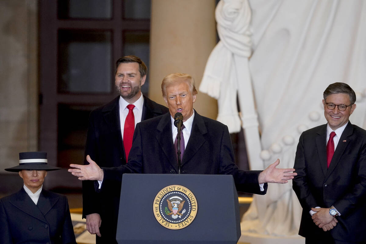 President Donald Trump speaks in Emancipation Hall after the 60th Presidential Inauguration, Mo ...