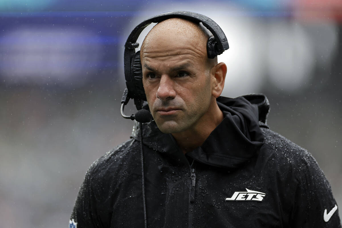 FILE - New York Jets head coach Robert Saleh looks on during an NFL football game against the D ...