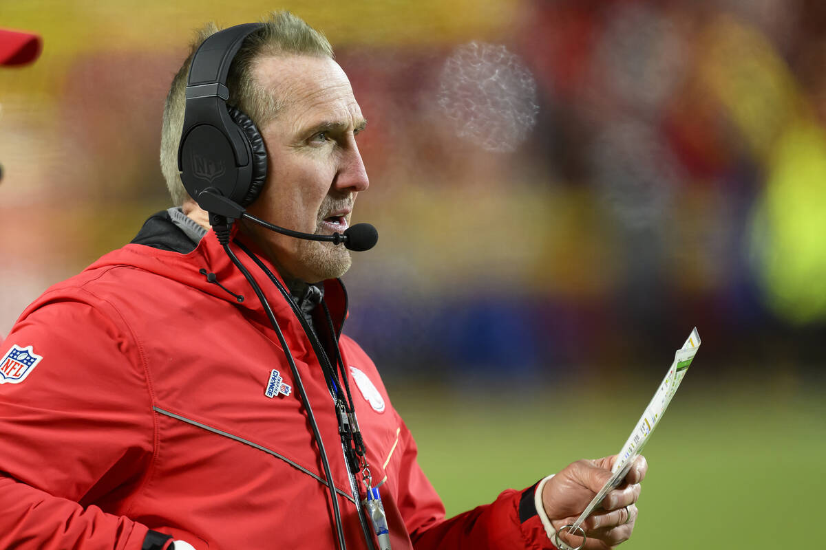 Kansas City Chiefs defensive coordinator Steve Spagnuolo calls out directions to his unit durin ...