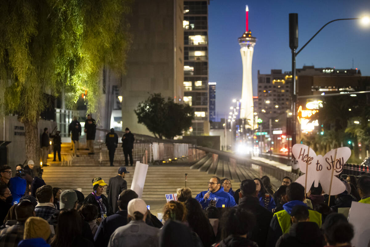 Make the Road Nevada director Leo Murrieta speaks during a rally against newly established immi ...