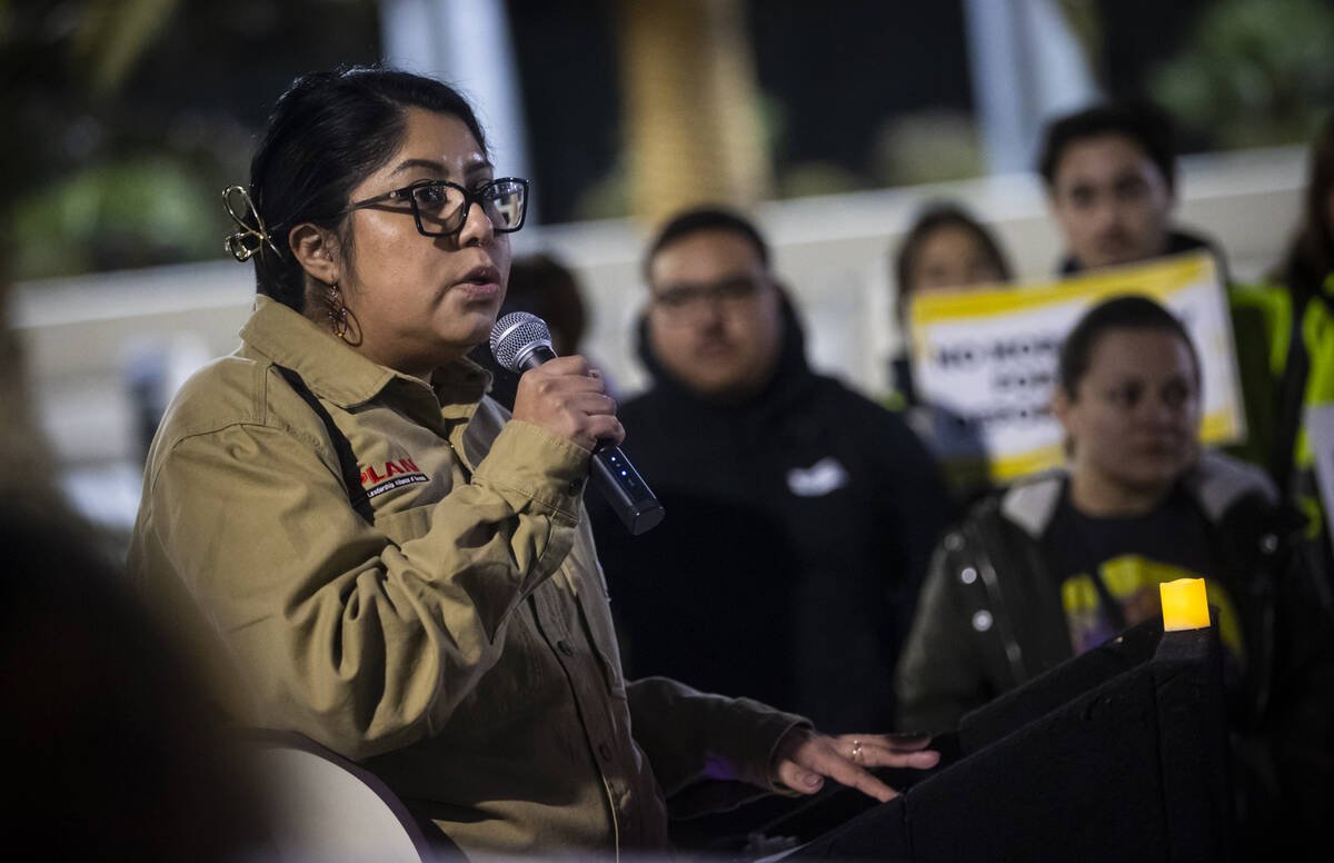 Erika Castro, organizing director of the Progressive Leadership Alliance of Nevada, speaks duri ...