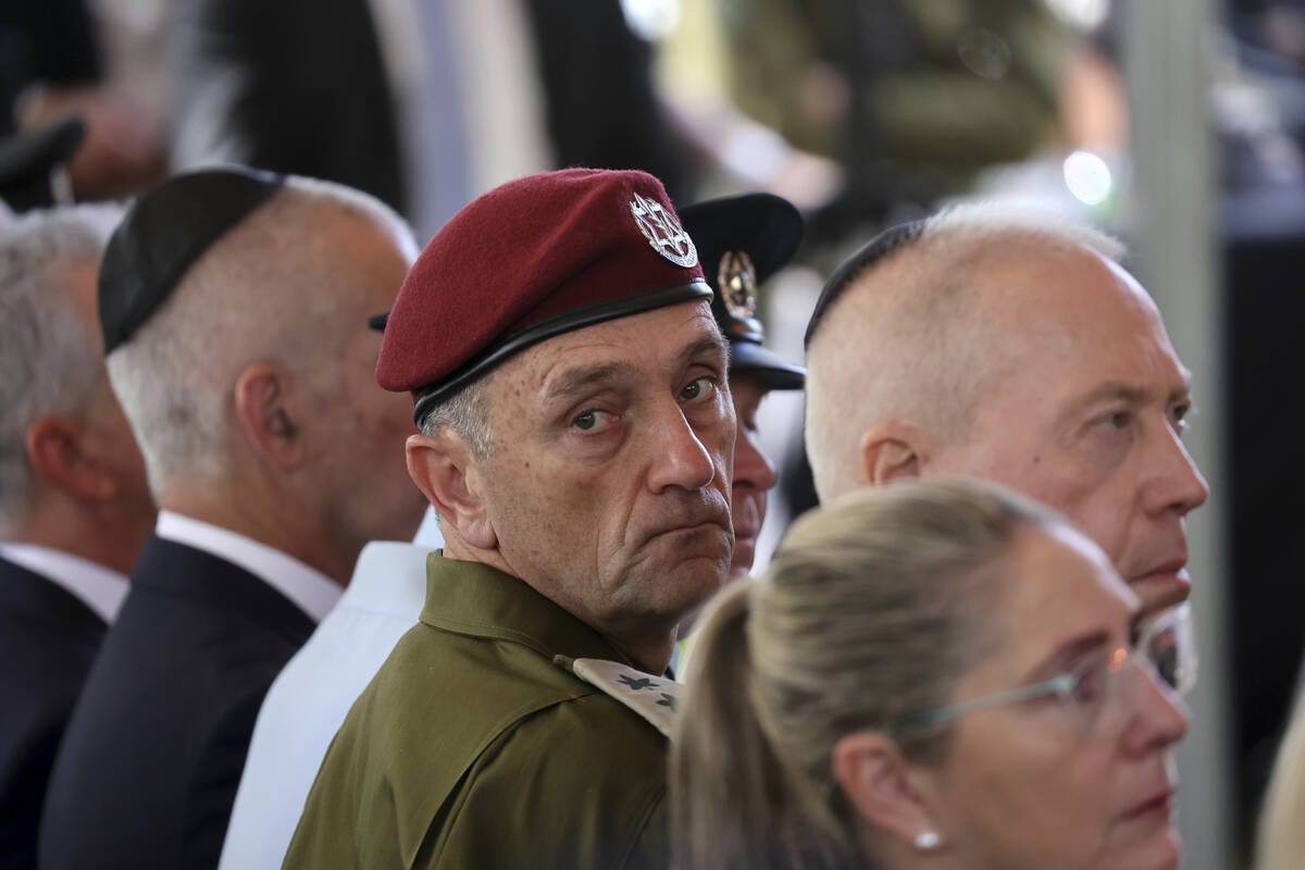 FILE - Lieutenant-General Herzi Halevi, center, attends a ceremony marking the Hebrew calendar ...