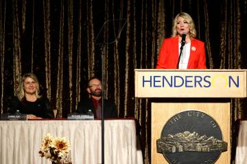 Henderson Mayor Michelle Romero delivers her State of the City address as Councilwoman Carrie C ...