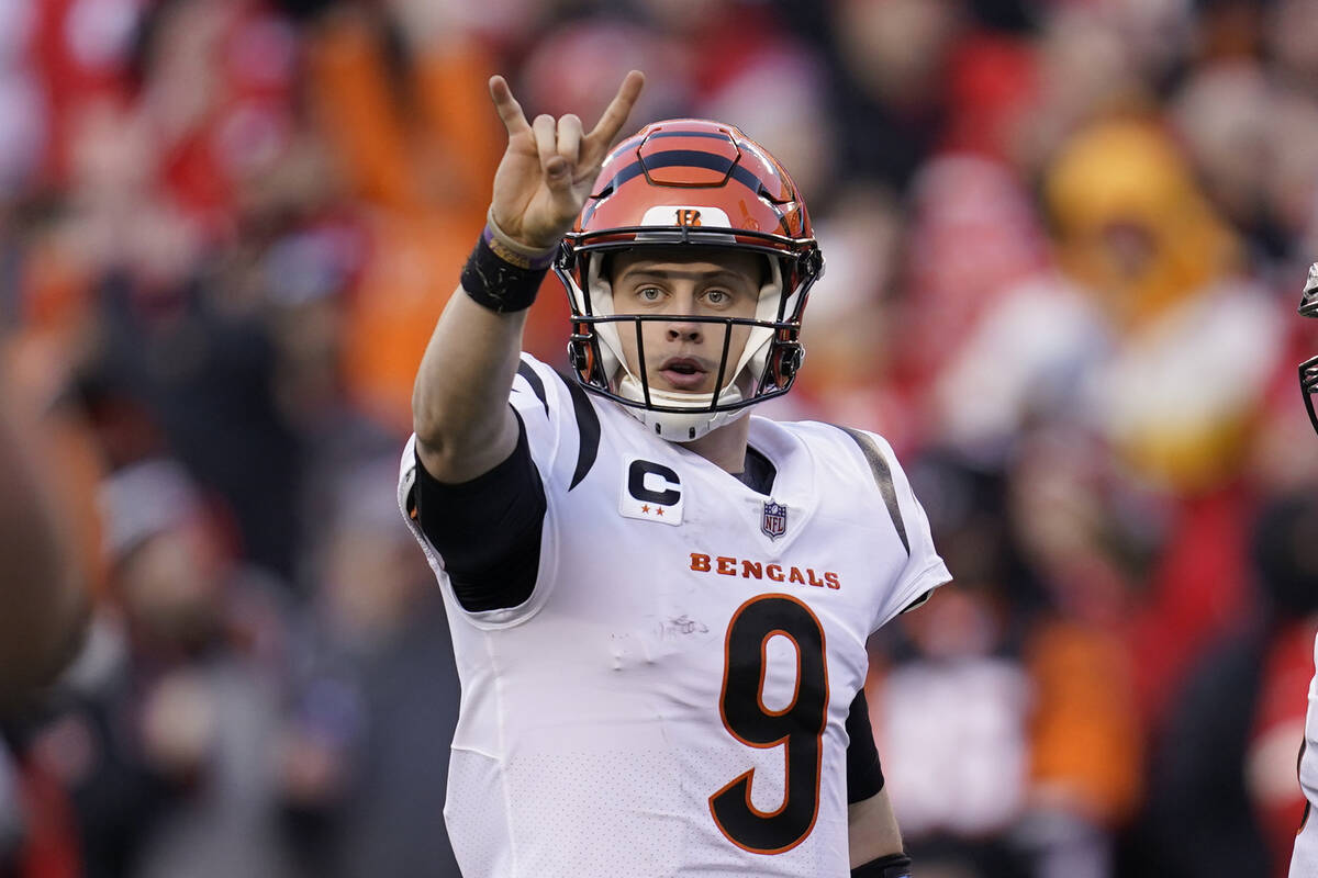 Cincinnati Bengals quarterback Joe Burrow signals against the Kansas City Chiefs during the AFC ...