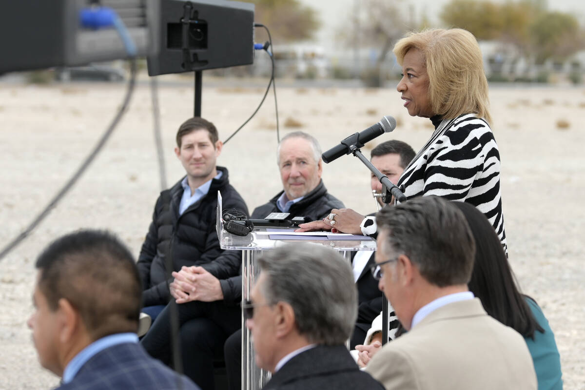 North Las Vegas Mayor Pamela Goynes-Brown speaks during a ceremonial groundbreaking for the Hyl ...