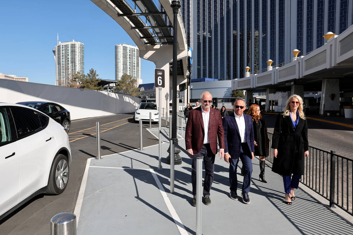 Steve Hill, president and CEO of the Las Vegas Convention and Visitors Authority, from left, Cl ...