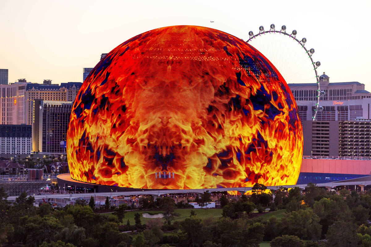 A flaming ball graphic during the opening night of the Sphere with U2 concert on stage Friday, ...