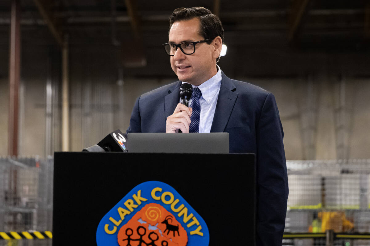 Nevada Secretary of State Cisco Aguilar speaks at the Clark County Election Department warehous ...