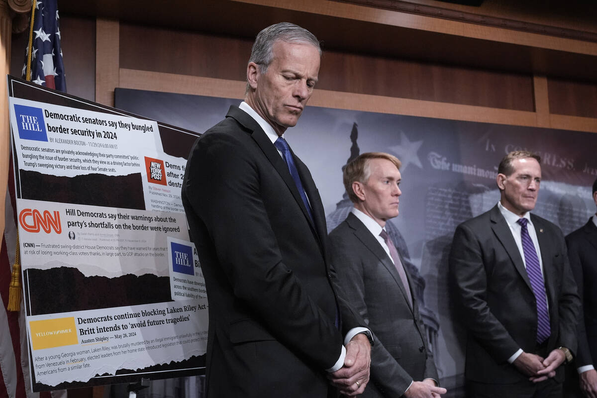 From left, Senate Majority Leader John Thune, R-S.D., Sen. James Lankford, R-Okla., and Sen. Te ...