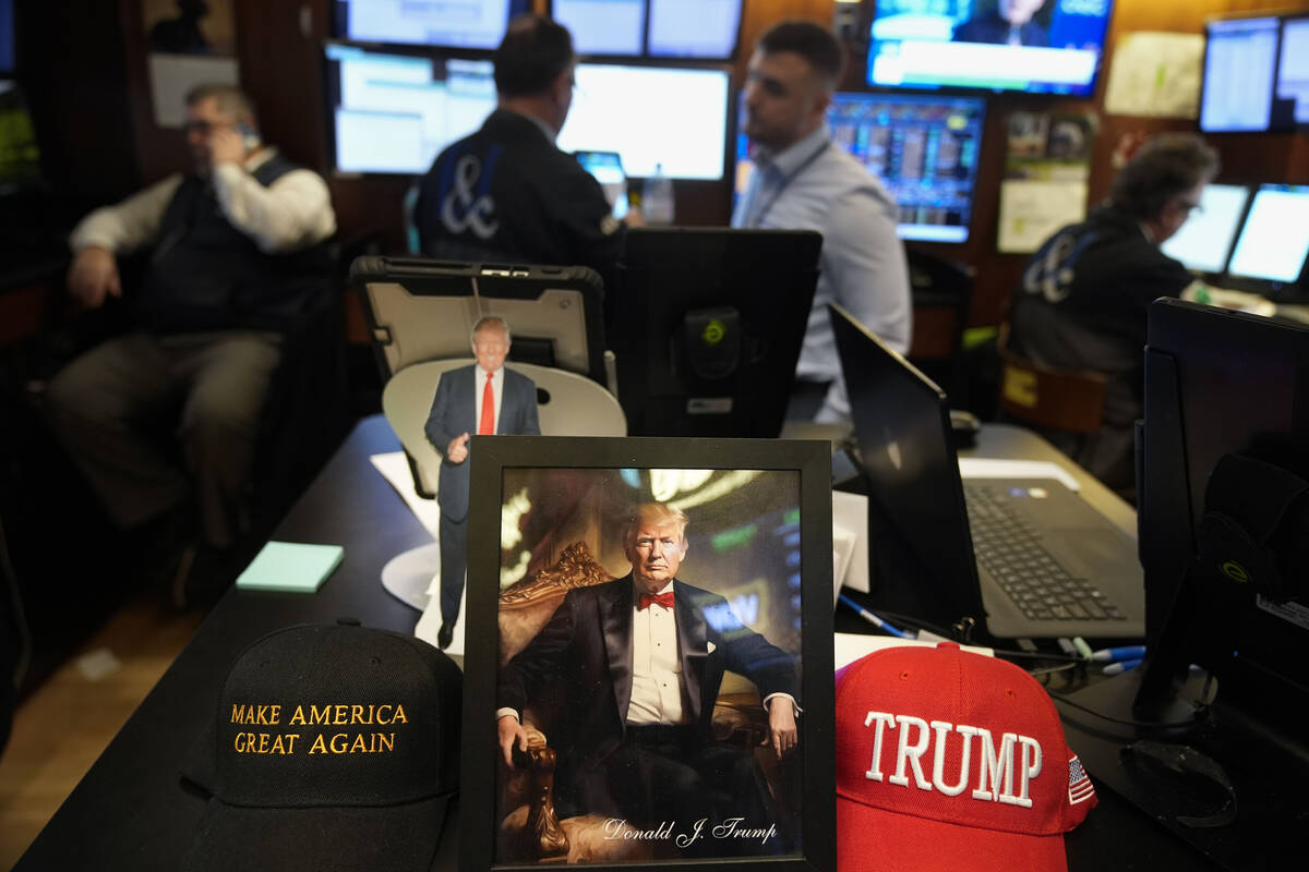 Paraphernalia supporting President Donald Trump is displayed at a post on the floor of the New ...