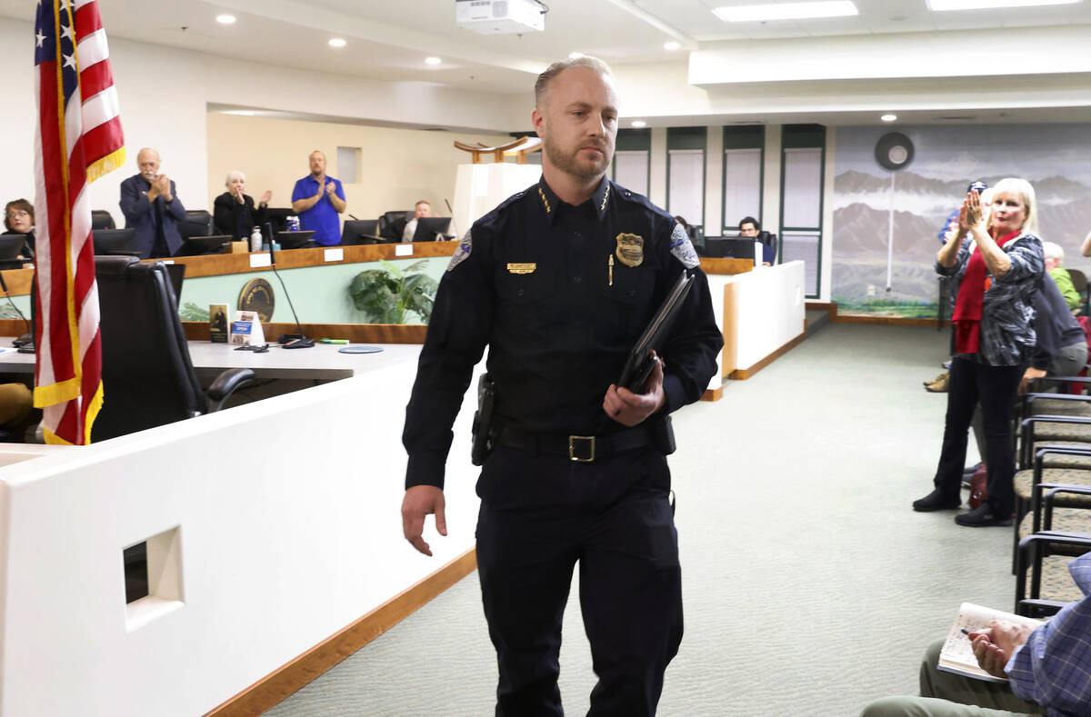 Mesquite Police Chief MaQuade Chesley leaves the podium after speaking at a City Council meetin ...