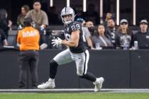 Raiders tight end Brock Bowers (89) makes a catch during the first half of an NFL game against ...