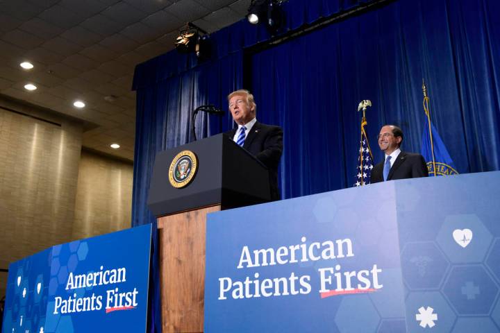 FILE - President Donald Trump talks about drug prices during a visit to the Department of Healt ...