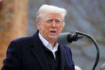 President Donald Trump speaks as he meets with homeowners affected by Hurricane Helene in Swann ...