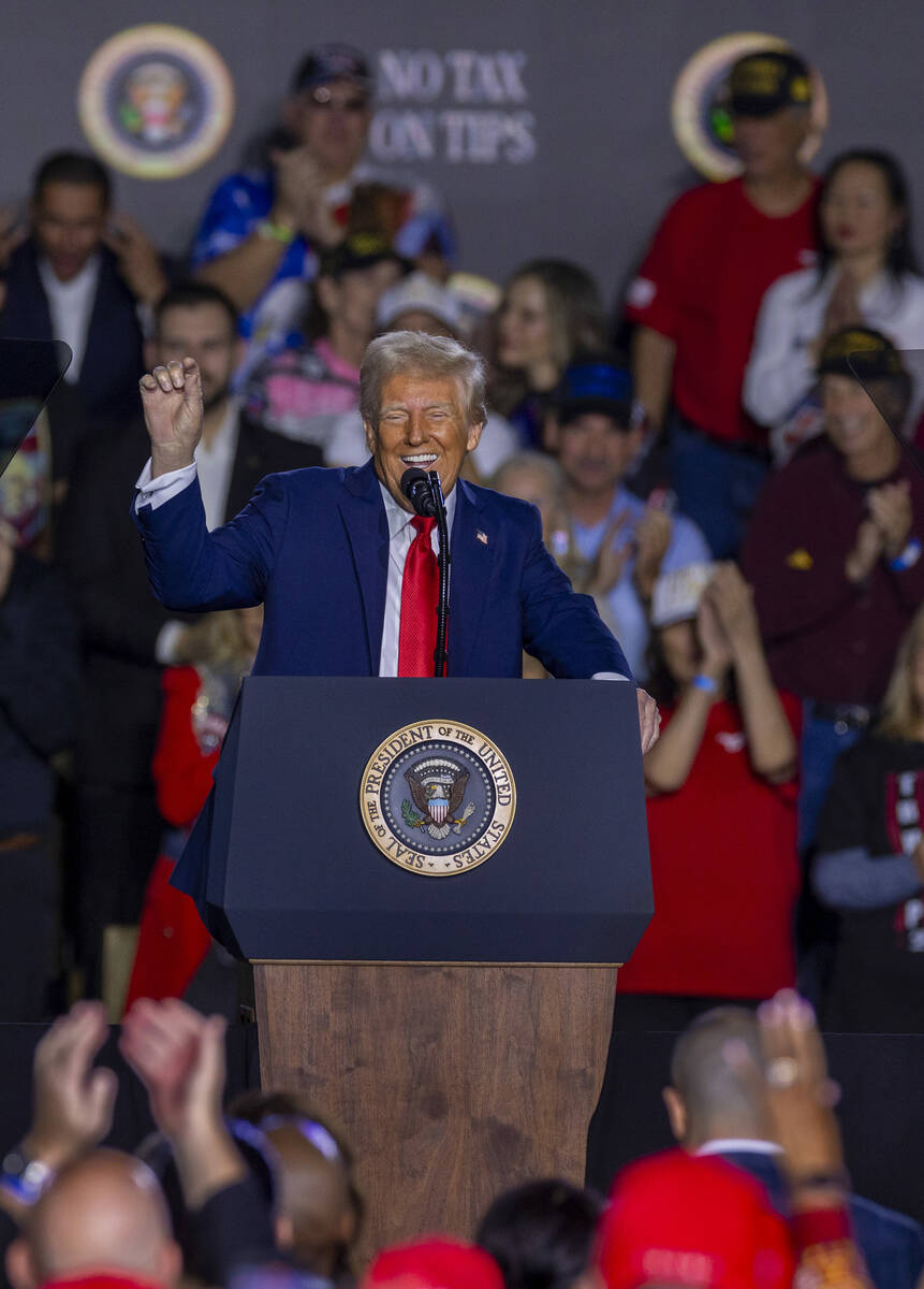 President Donald Trump speaks to supporters at the Circa on Saturday, Jan. 25, 2025, in Las Veg ...