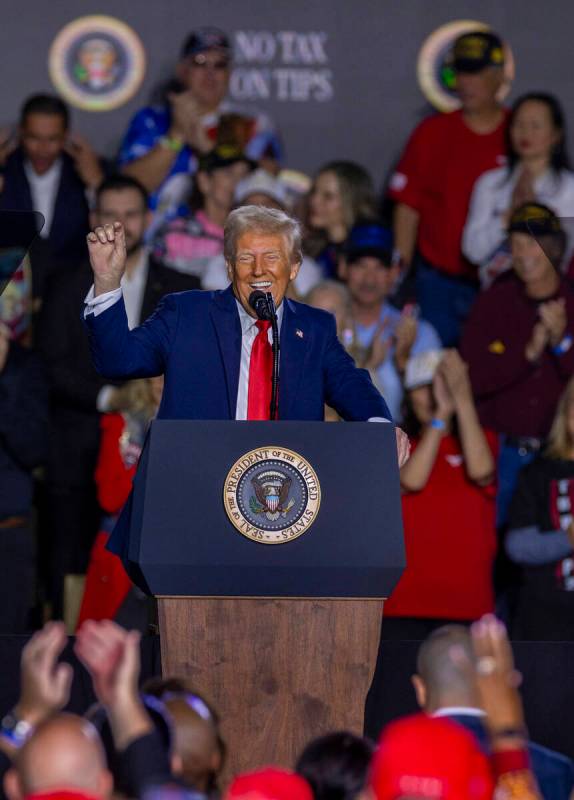 President Donald Trump speaks to supporters at the Circa on Saturday, Jan. 25, 2025, in Las Veg ...