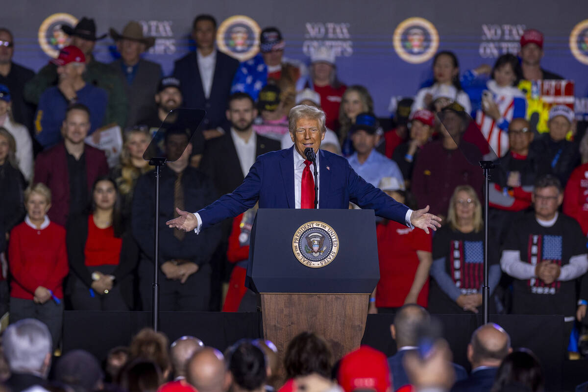 President Donald Trump speaks to supporters at the Circa on Saturday, Jan. 25, 2025, in Las Veg ...