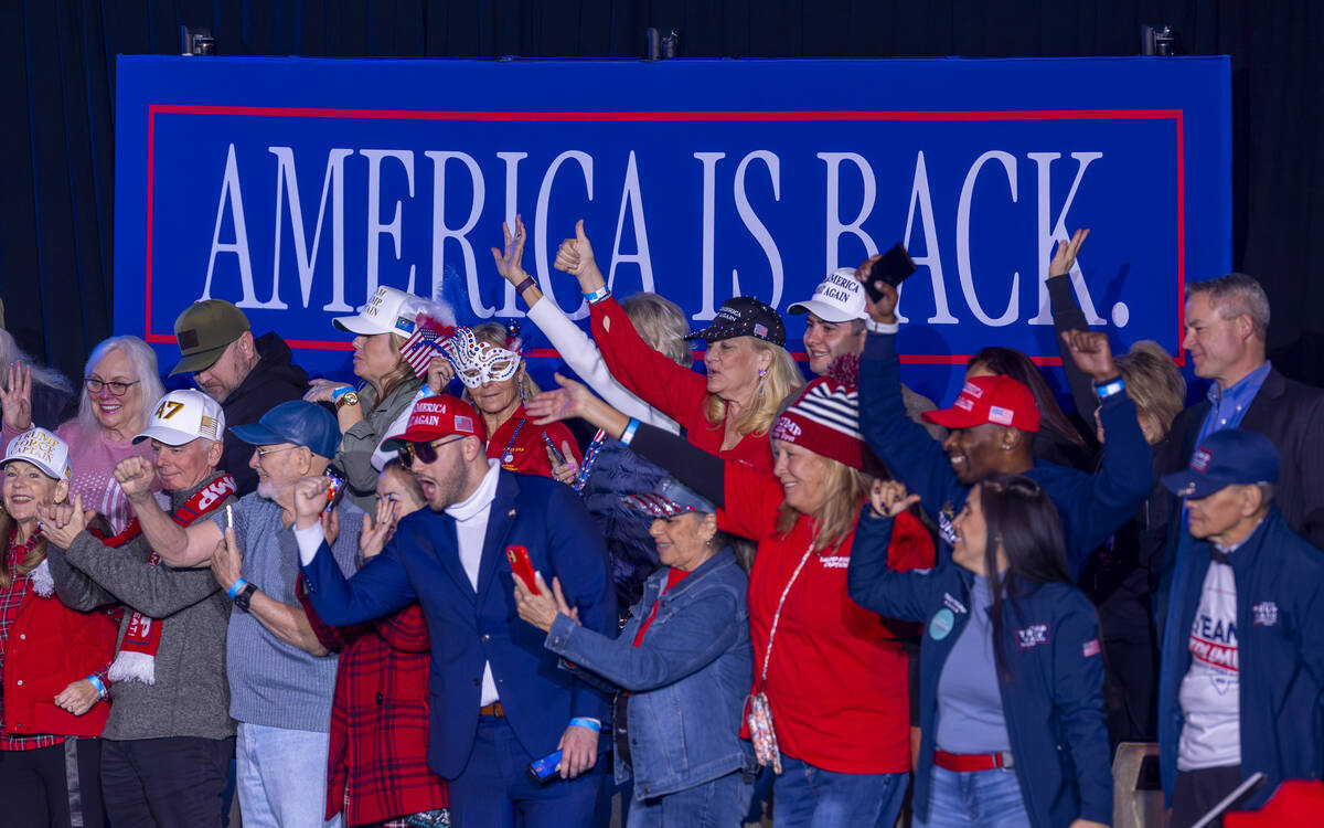 Supporters cheer on President Donald Trump as he speaks at the Circa on Saturday, Jan. 25, 2025 ...