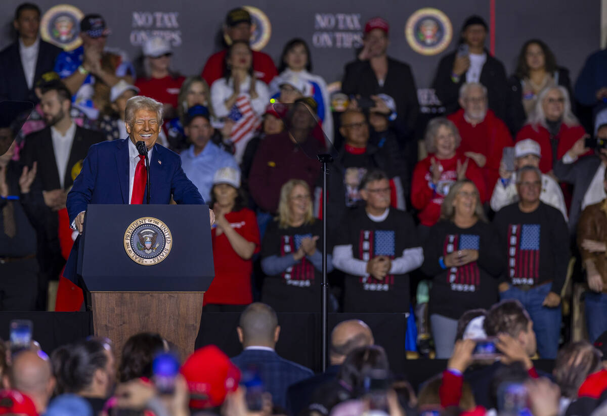 President Donald Trump speaks to supporters at the Circa on Saturday, Jan. 25, 2025, in Las Veg ...