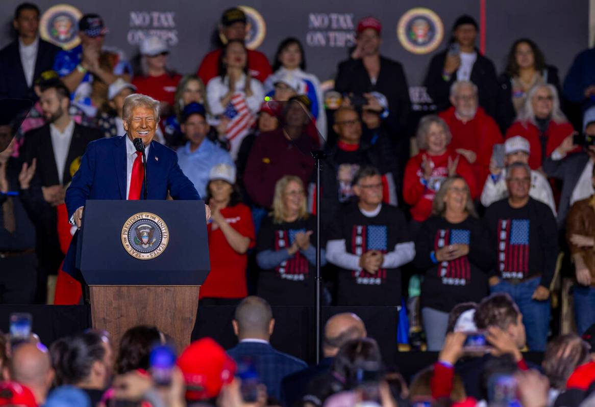 President Donald Trump speaks to supporters at the Circa on Saturday, Jan. 25, 2025, in Las Veg ...