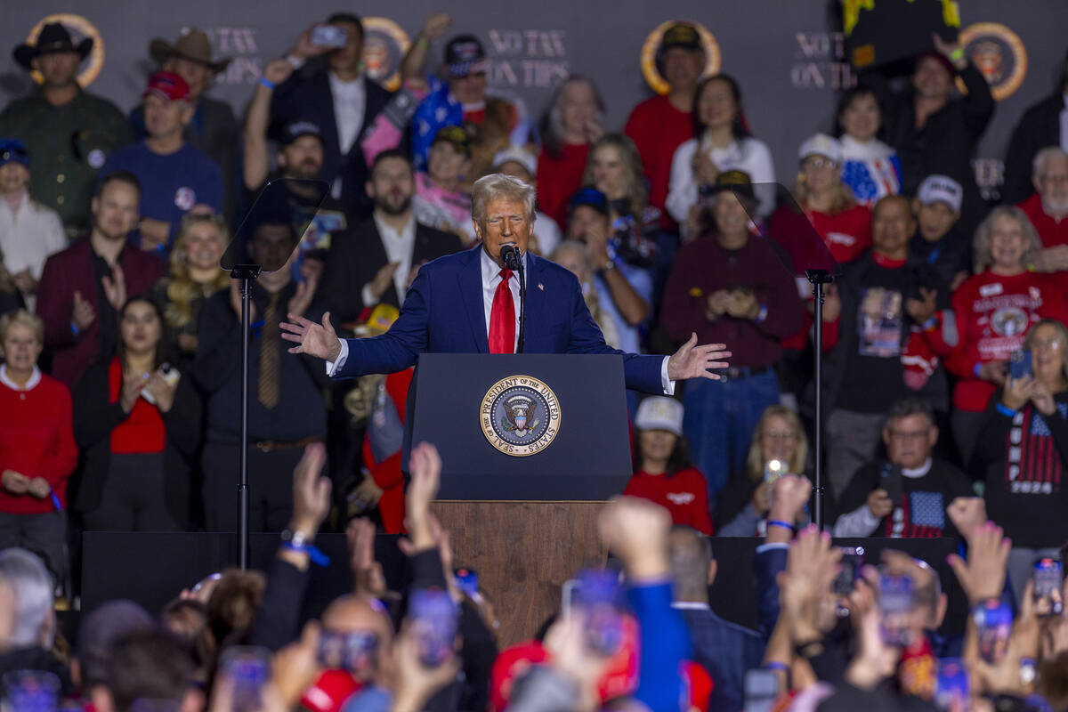 President Donald Trump speaks to supporters at the Circa on Saturday, Jan. 25, 2025, in Las Veg ...