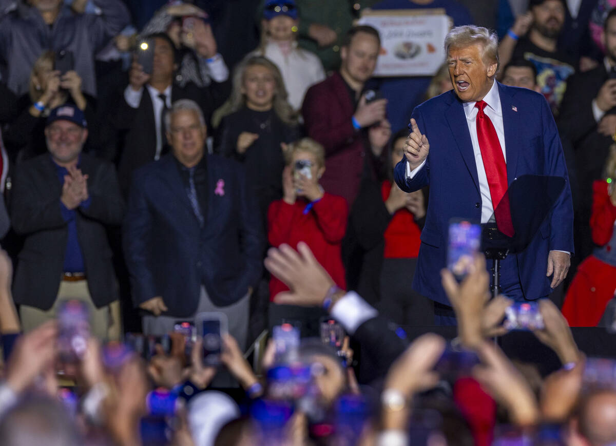 President Donald Trump speaks to supporters at the Circa on Saturday, Jan. 25, 2025, in Las Veg ...