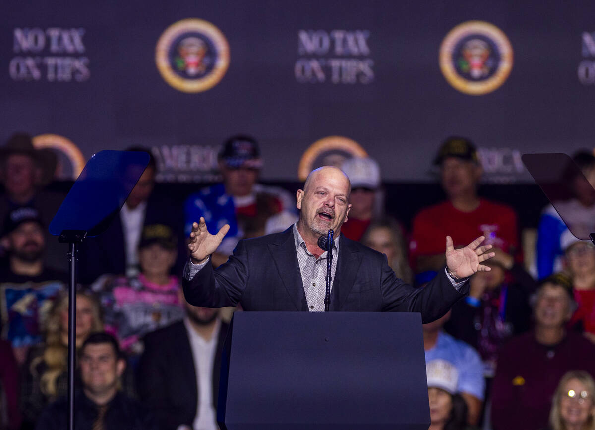 Rick Harrison of Gold & Silver Pawn Shop warms up the4 crowd before President Donald Trump ...