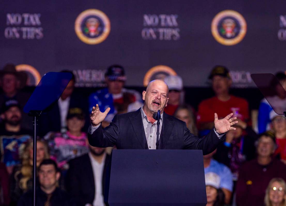 Rick Harrison of Gold & Silver Pawn Shop warms up the4 crowd before President Donald Trump ...