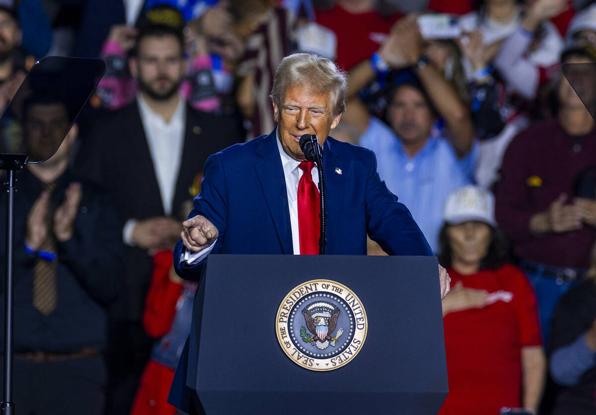 President Donald Trump speaks to supporters at the Circa on Saturday, Jan. 25, 2025, in Las Veg ...